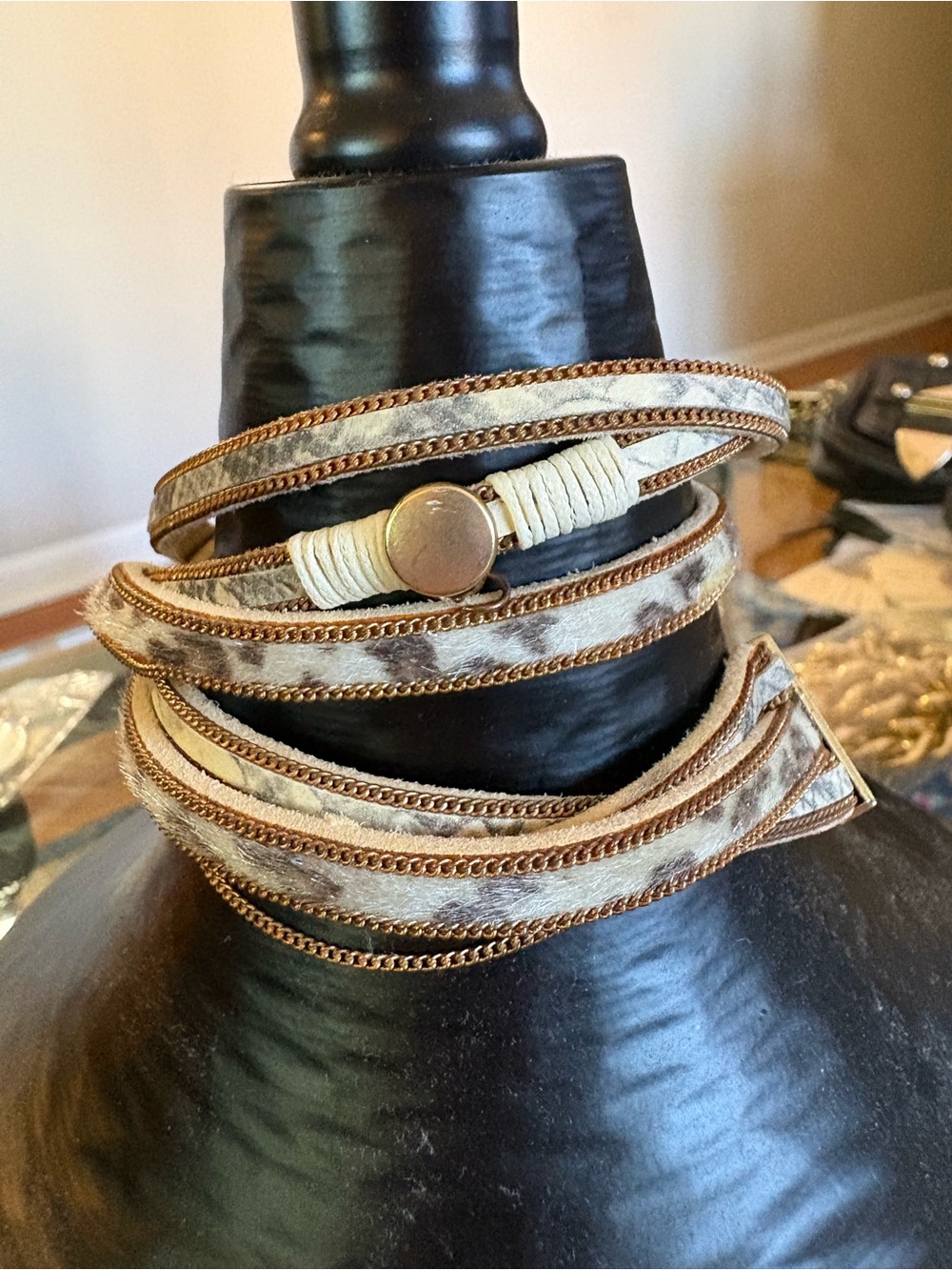 Wrapped Faux Cowhide Multi-Strand Leather Bracelet in Beige